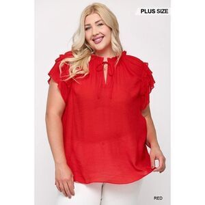 Red Ruffle Sleeve V-neck Top With Front Tie